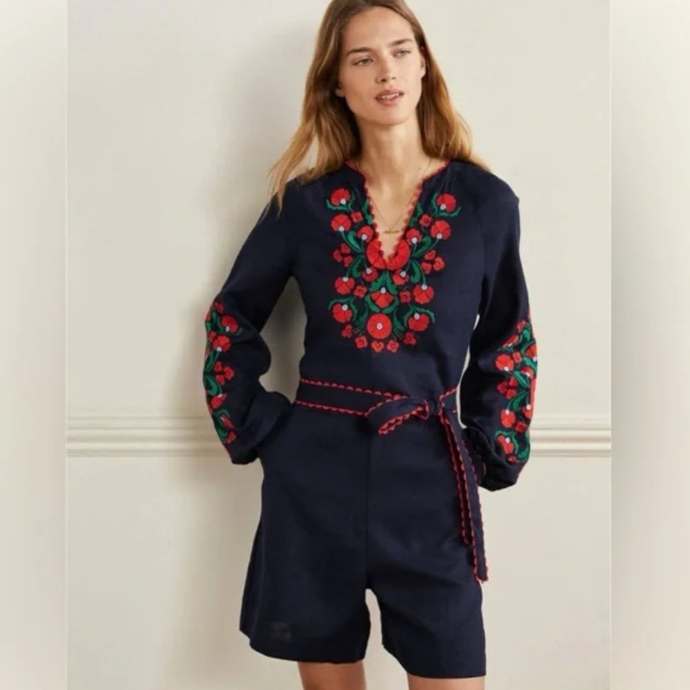 Boden Embroidered Linen Playsuit Romper Navy Blue Blossom